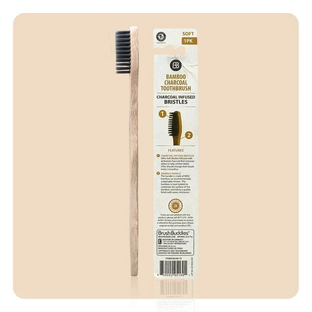 Set of 12 Brush Buddies Bamboo Toothbrush Charcoal Infused Soft Bristles